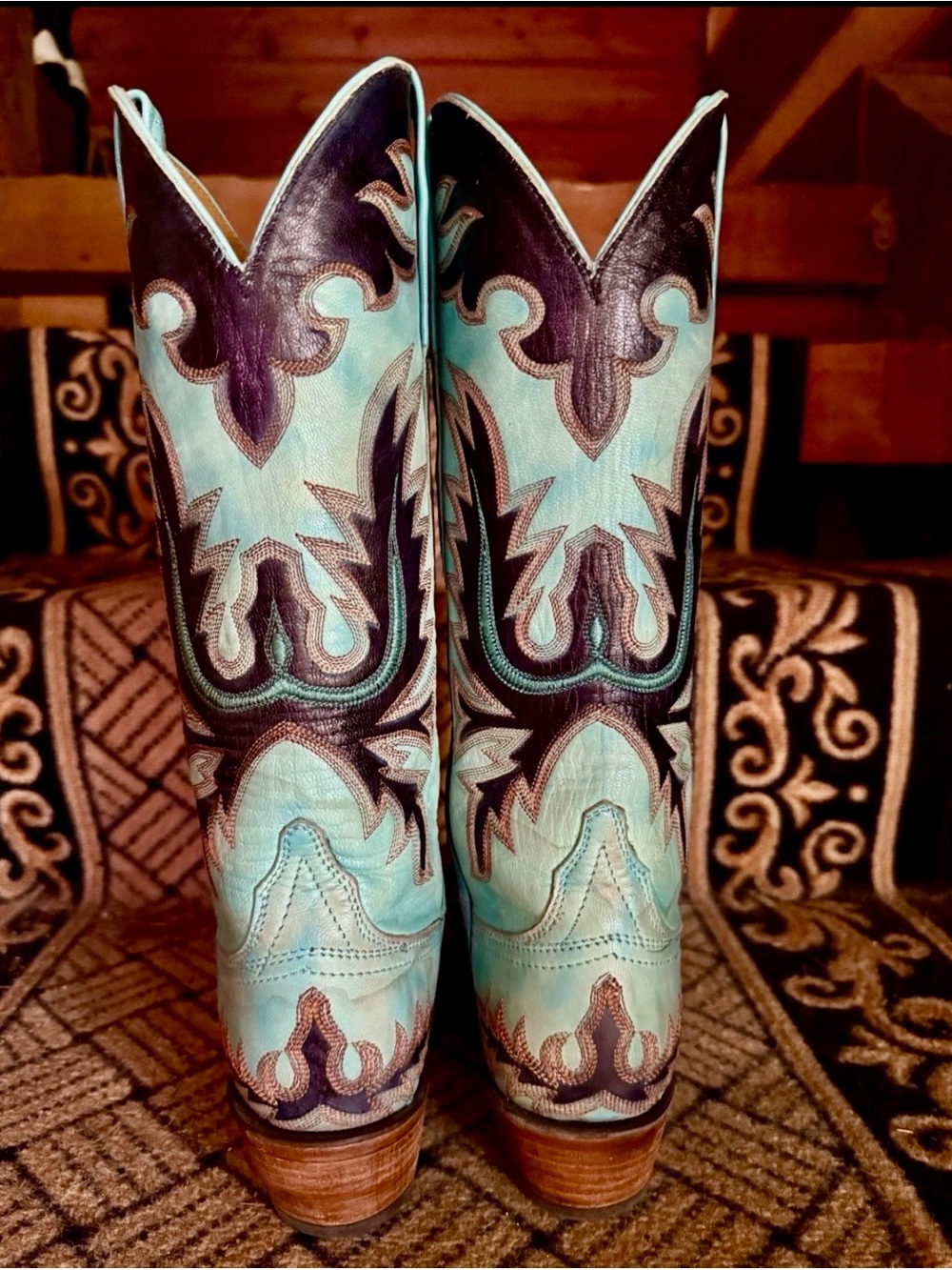 LUCCHESE DESTROYED GOAT LEATHER EAGLE STITCHED TURQUOISE COWBOY BOOTS, size 6 - Picture 4 of 6